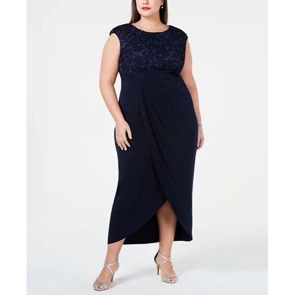 Connected Dresses & Skirts - Connected Plus Size Soutache Faux-Wrap Dress, Navy, Size 14W
